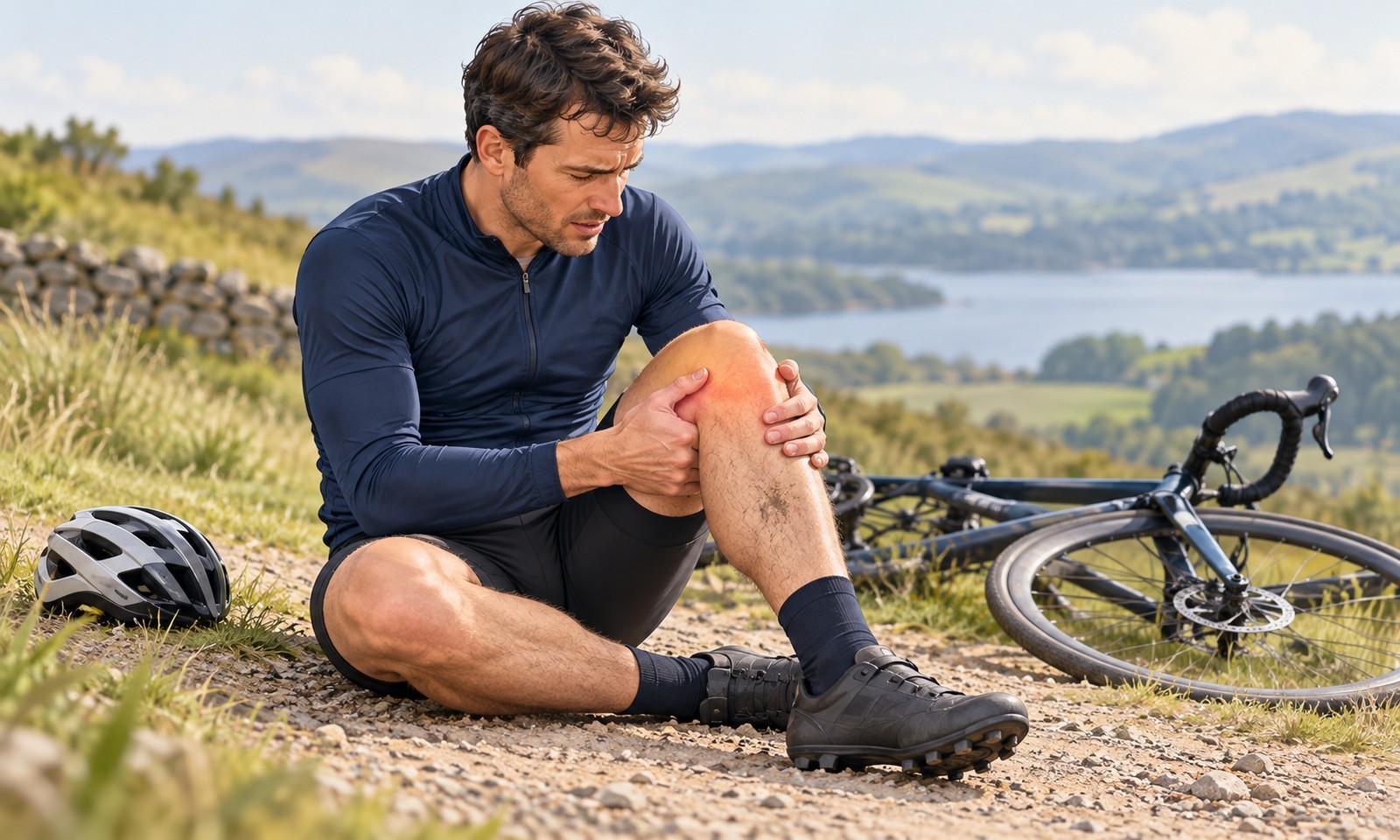 Illustration of a cyclist supporting a bent knee after stopping beside his bicycle.