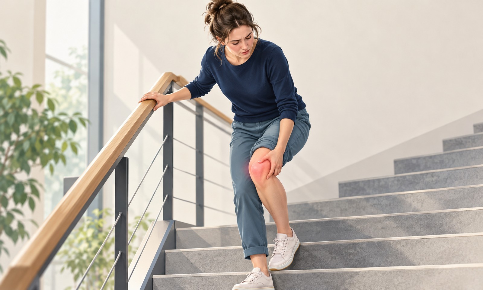 Illustration of a woman holding the front of her knee while pausing on stairs.