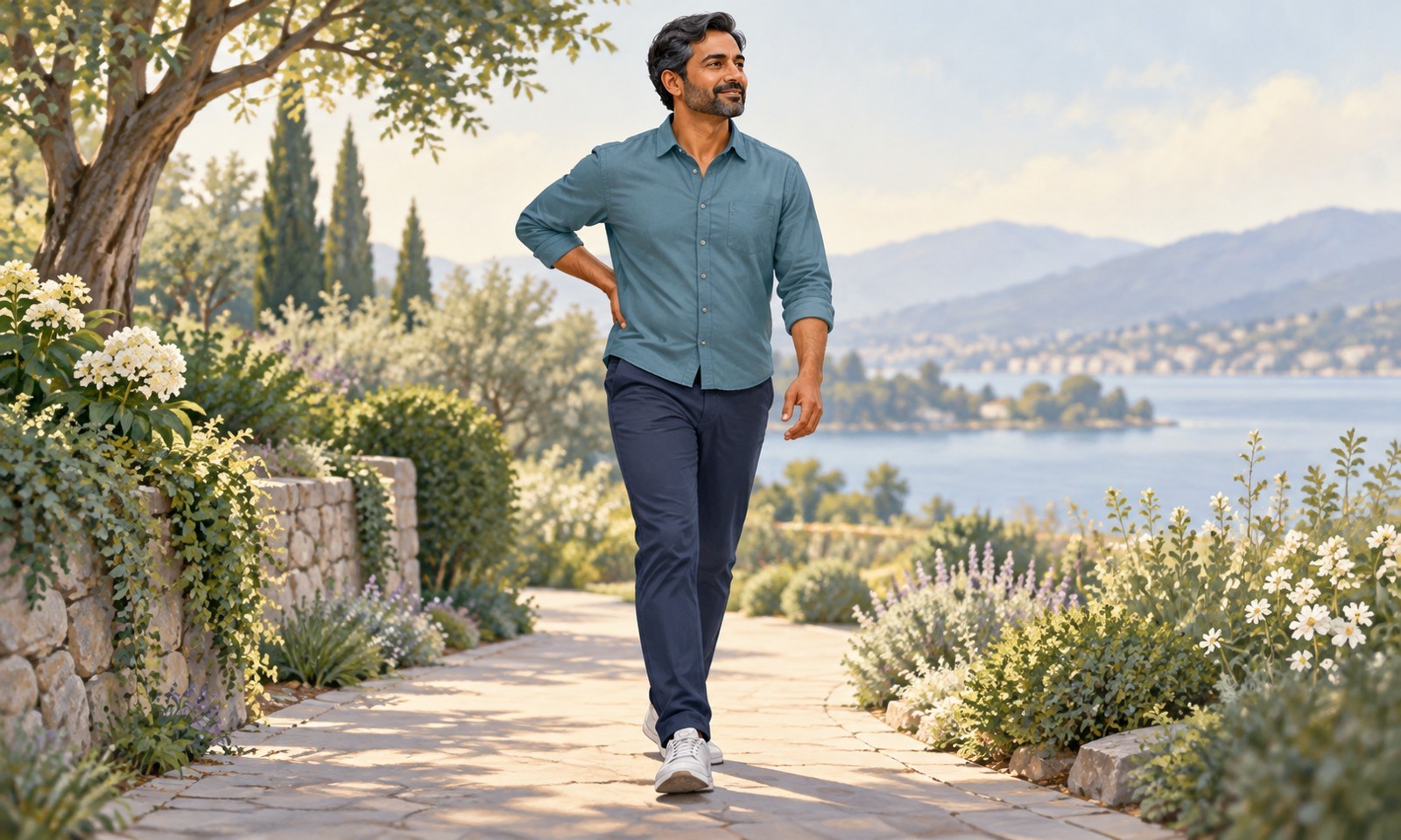 Man walking in a garden with a hand resting lightly on his lower back.