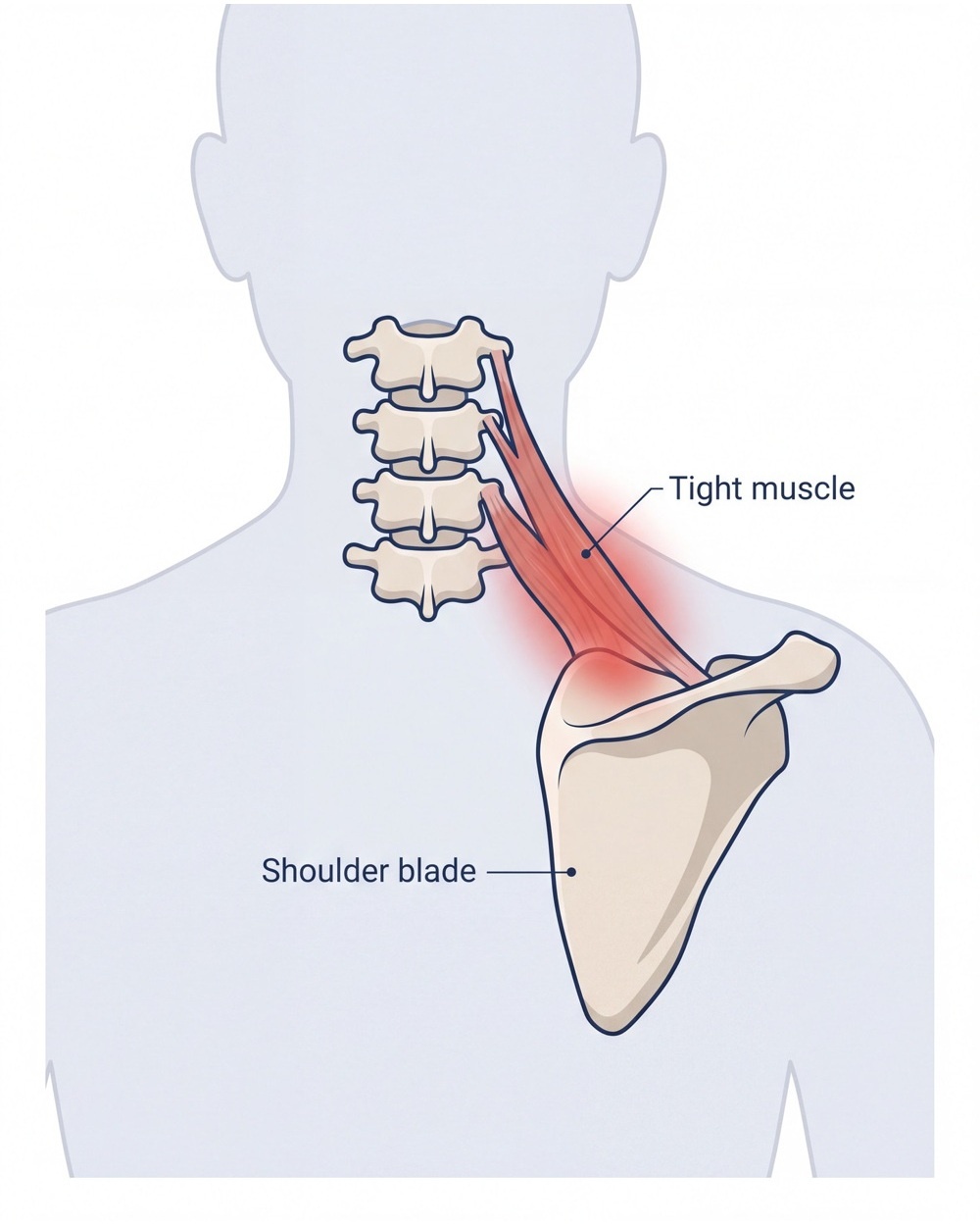 Illustration showing the levator scapulae region between the neck and shoulder blade.