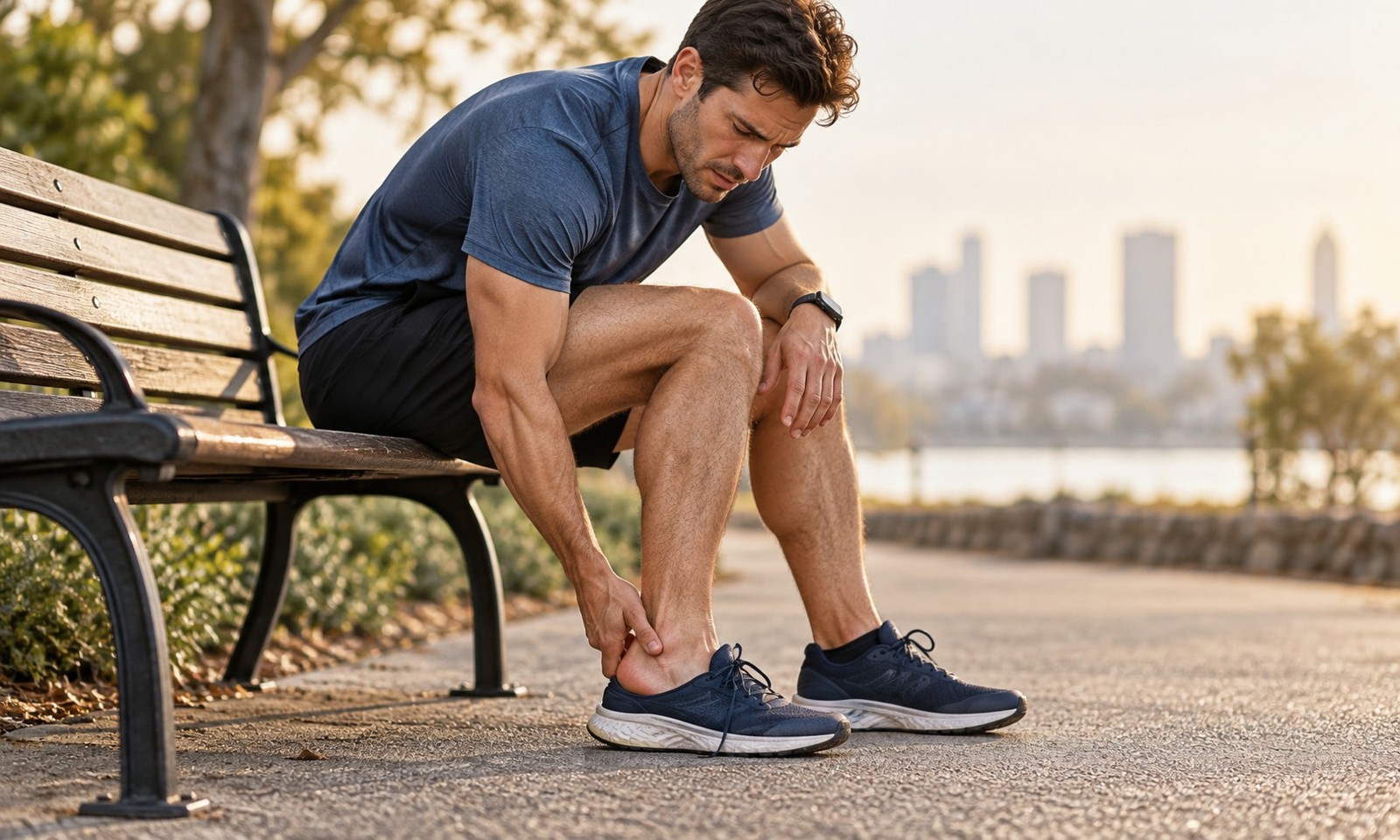 Illustrative image: A male recreational runner paused beside a park bench reaches to the back of his ankle just above the heel, showing Achilles tendon discomfort after running.