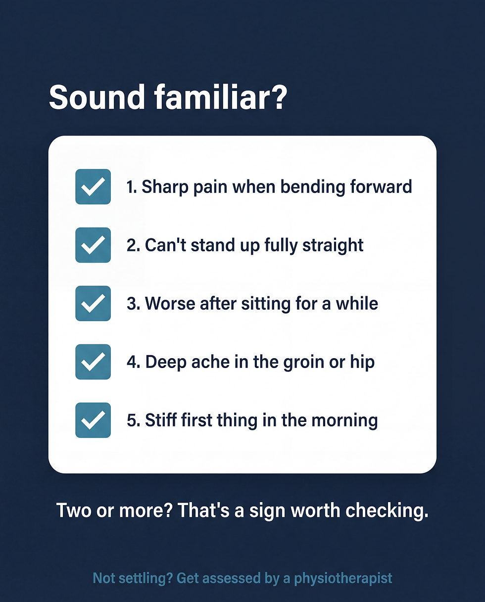 30-second self-check list for acute lower back strain symptoms including sharp pain when bending