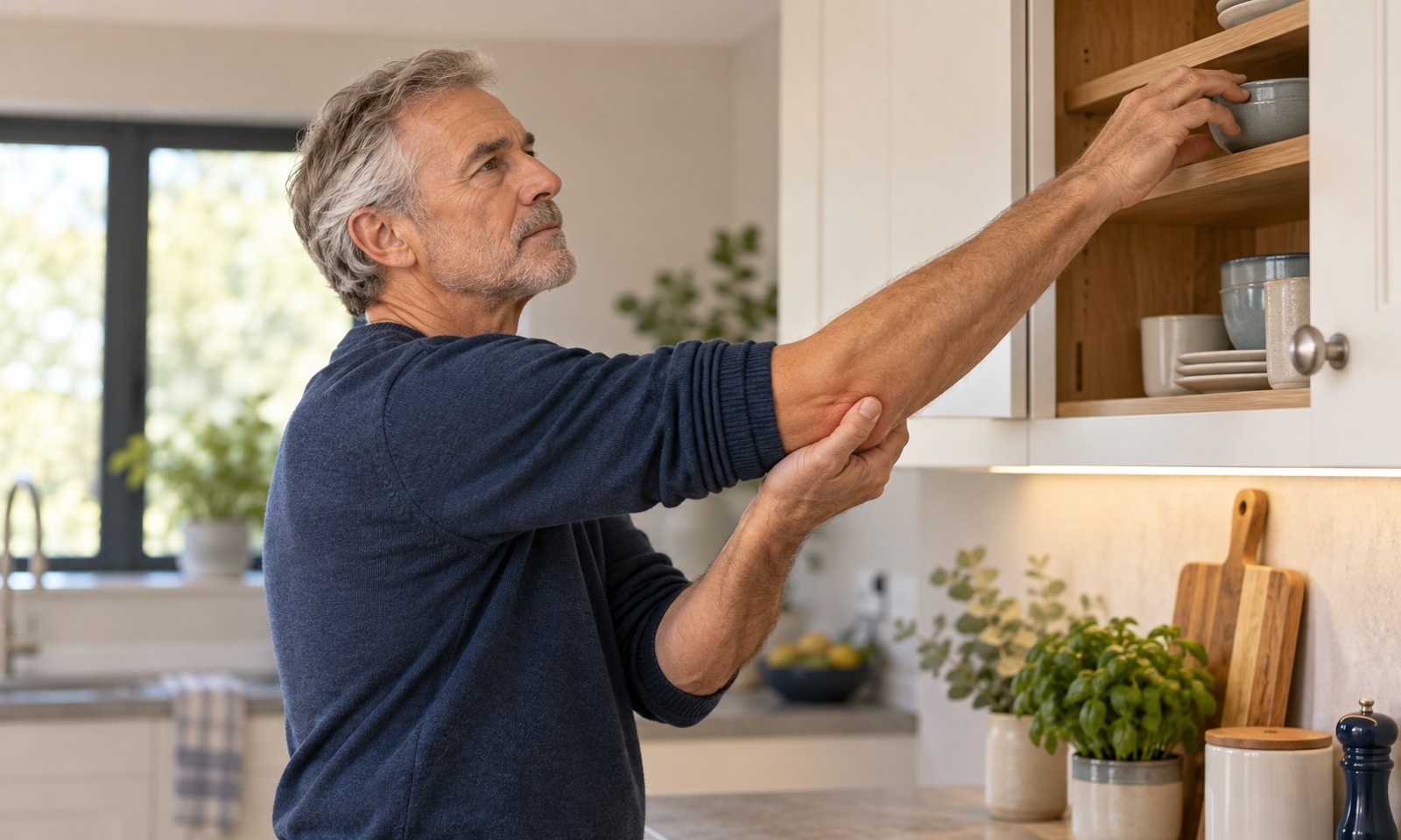 Older man holding his elbow while reaching towards a kitchen cupboard.