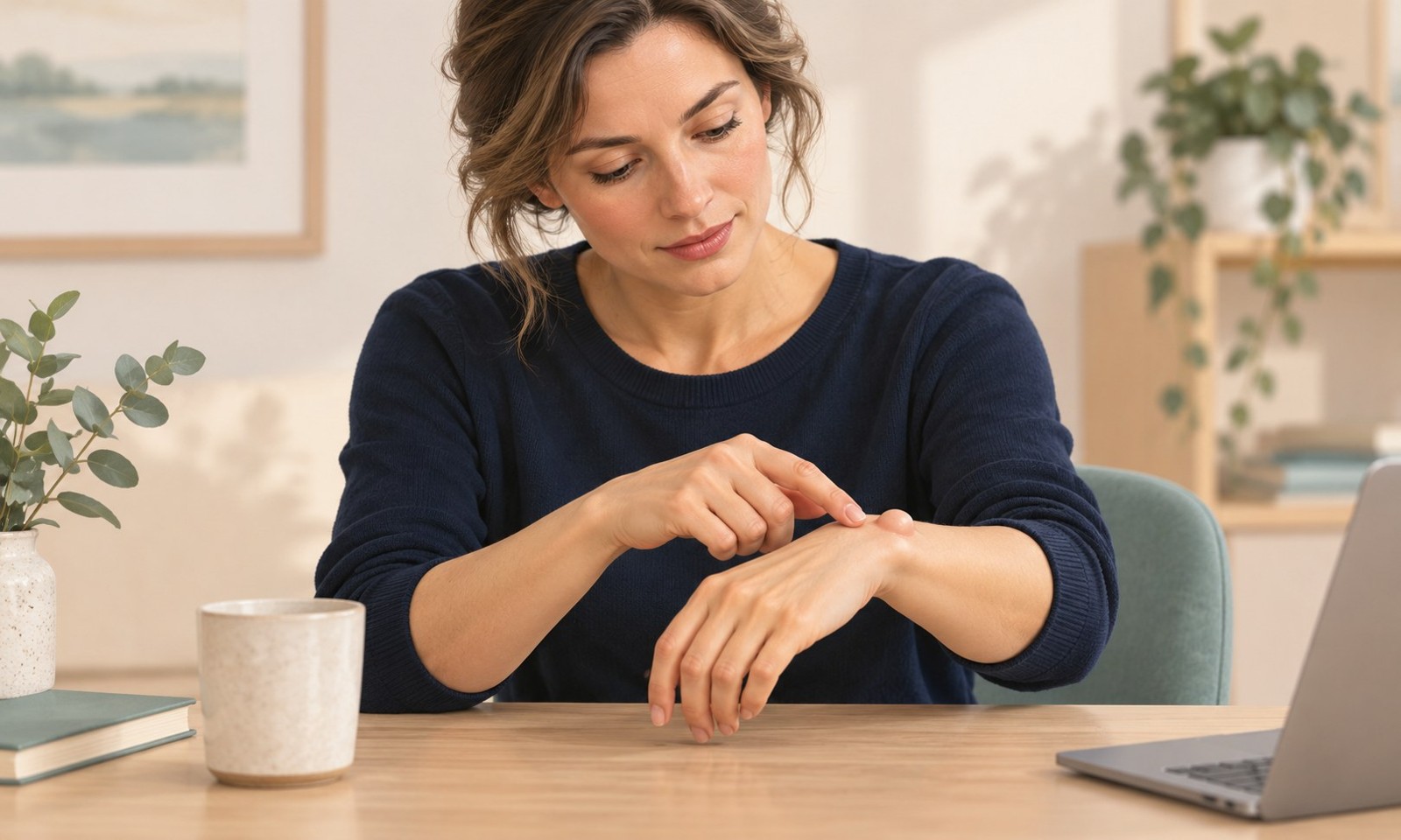 Woman pointing to a small rounded swelling on the back of her wrist at a desk.