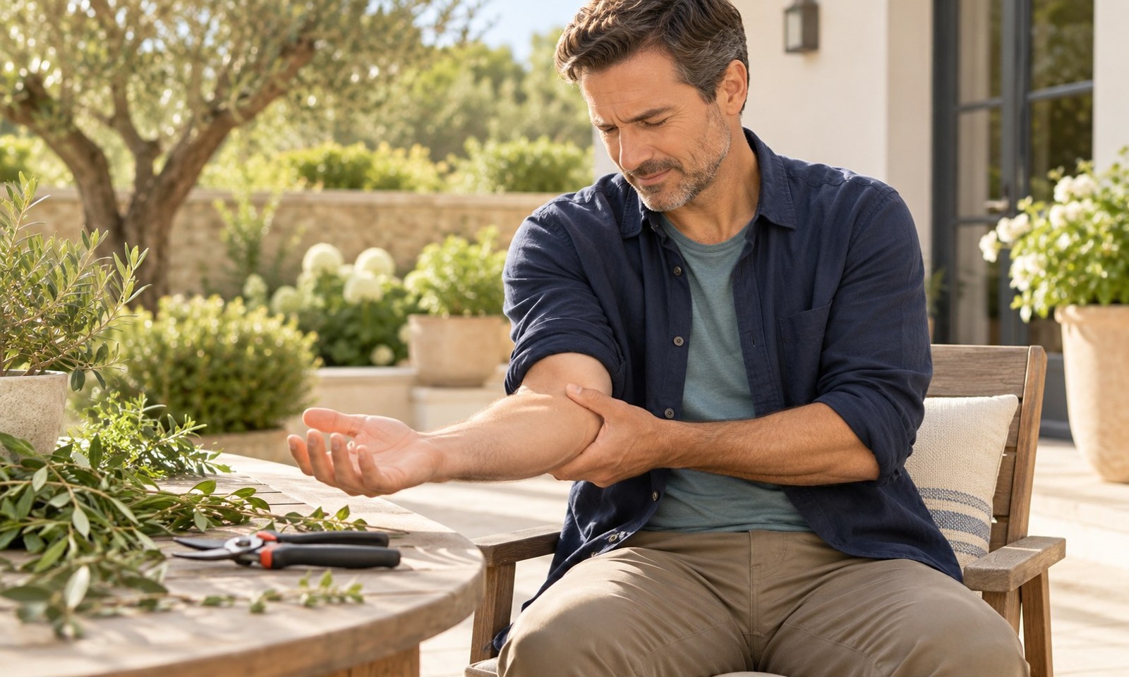 Man holding the inside of his elbow after gardening, with pruning tools on the table.