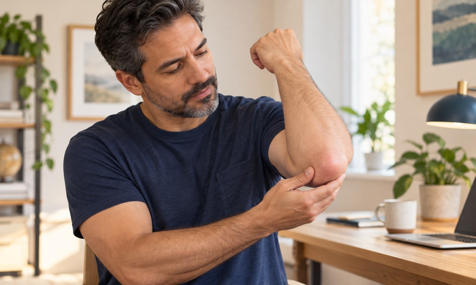 Man examining a rounded swelling over the bony tip of his elbow.
