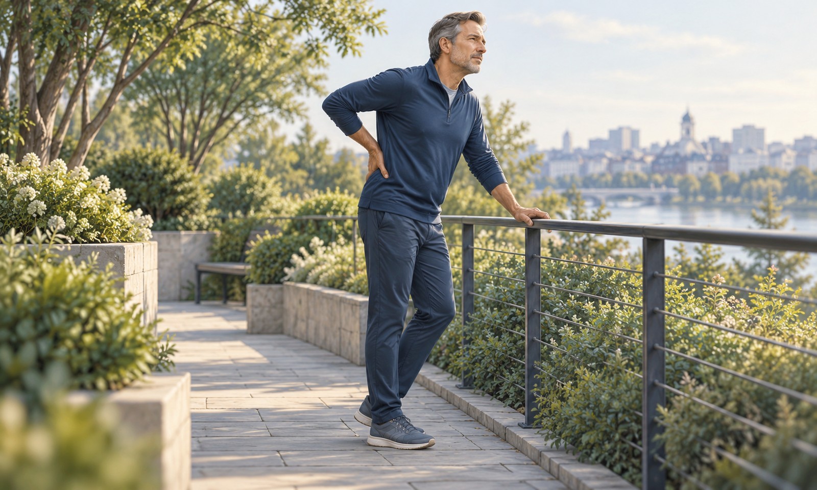 Man pausing during a walk with a hand over his lower back and the other on a rail.