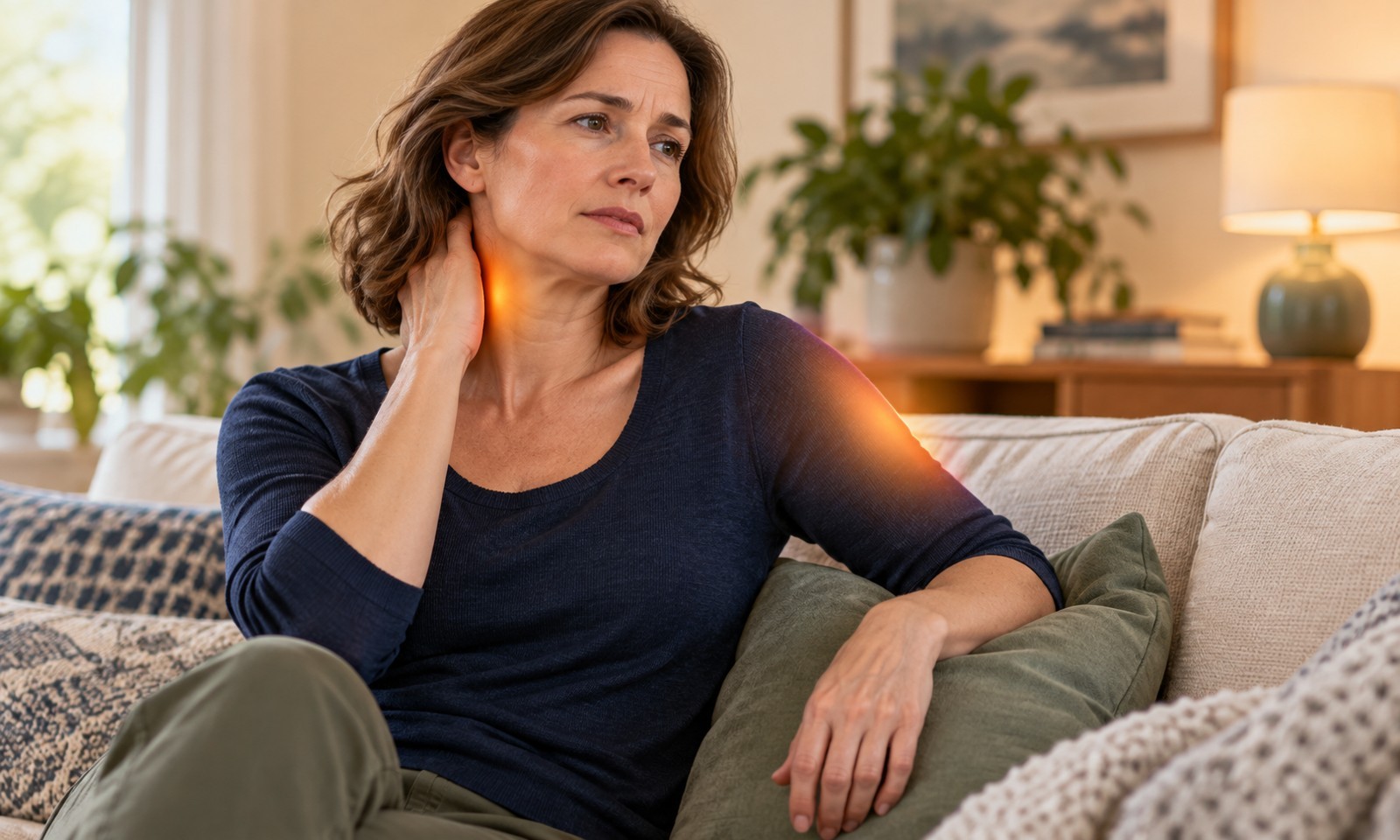 Illustration of a seated woman with neck and upper-arm discomfort and her forearm supported on a cushion.