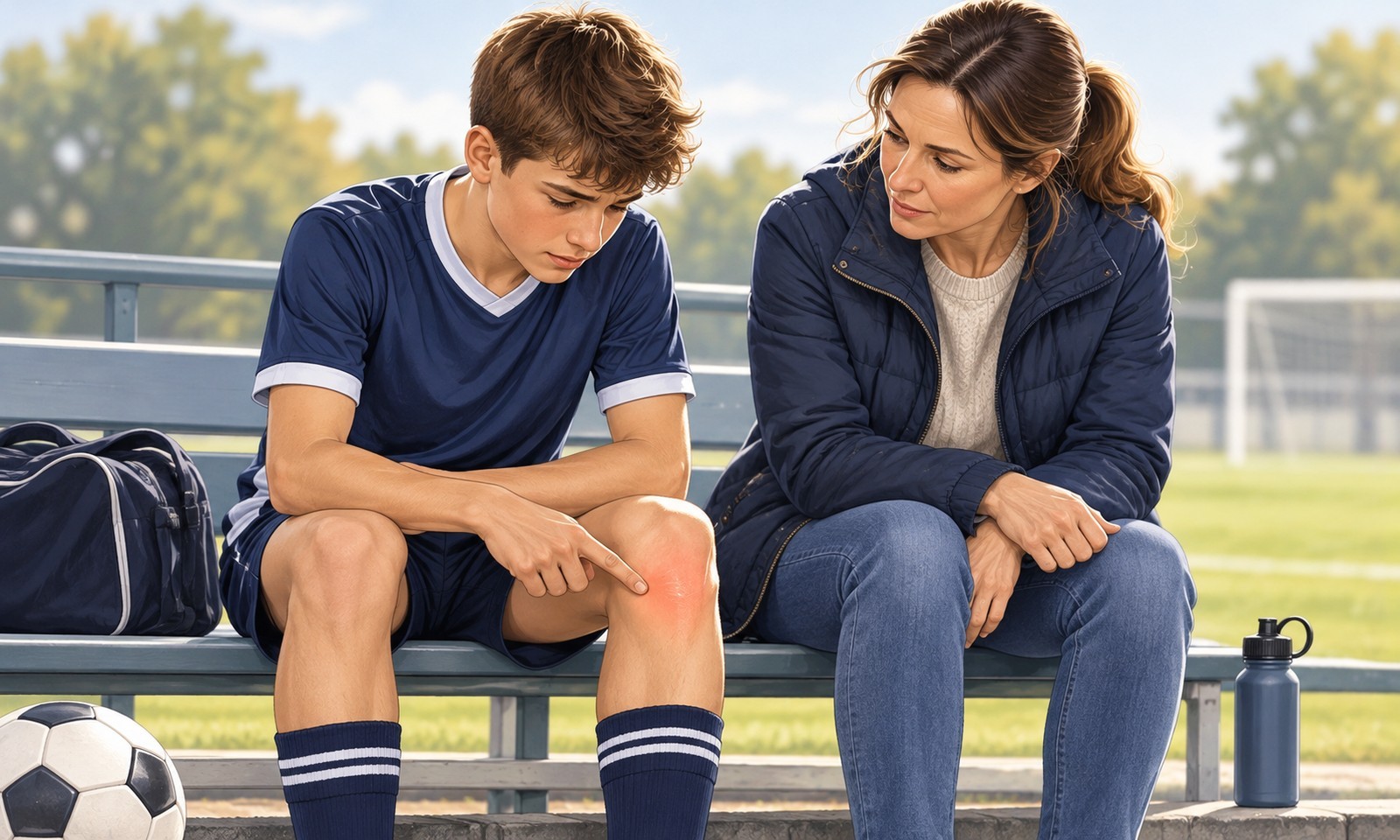 Illustration of a teenage footballer showing pain below his kneecap to a parent.