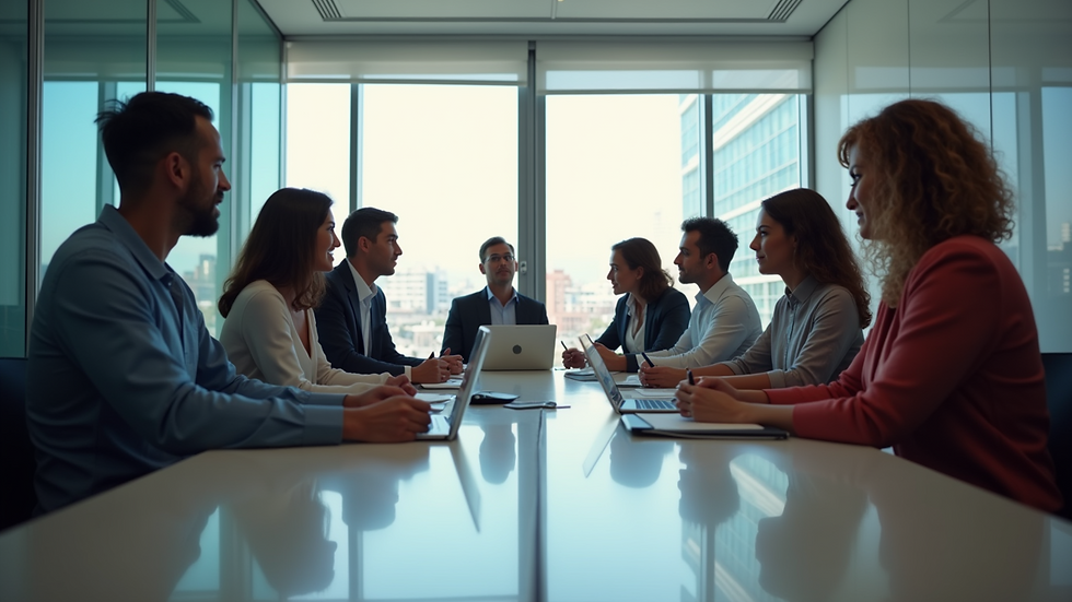 Eye-level view of a modern conference room with professionals networking