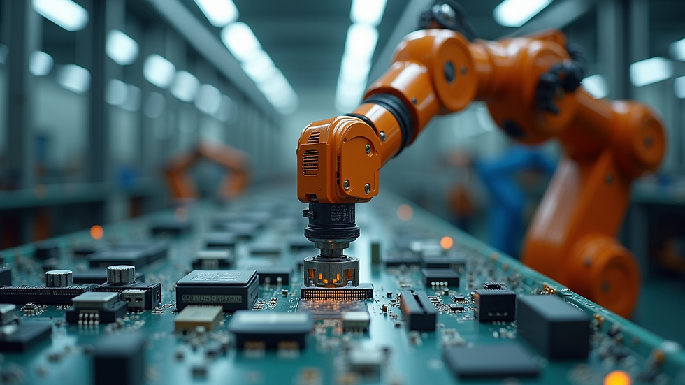 Close-up view of a robotic arm assembling electronic components in a factory