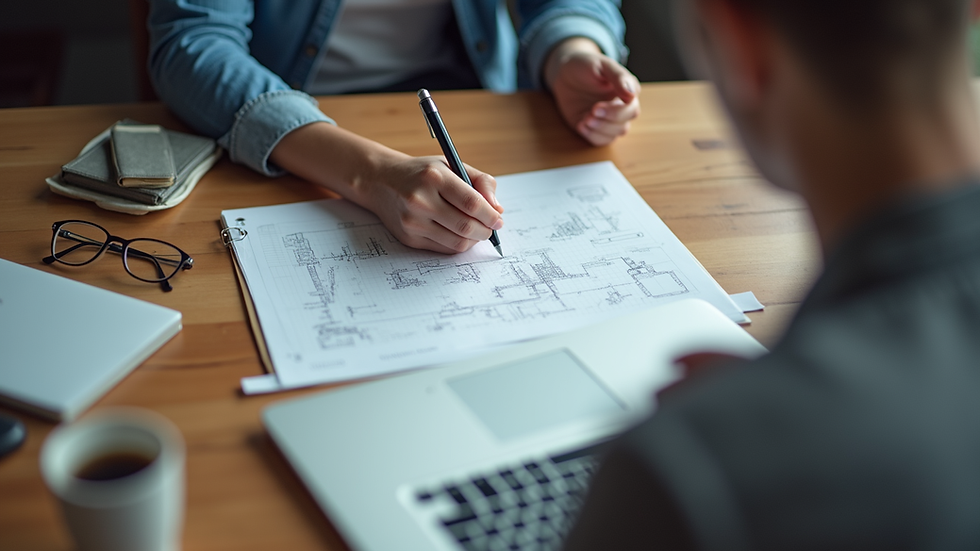 High angle view of a small business owner planning AI strategy with a notebook and laptop