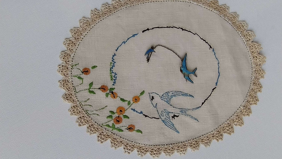 Thumbnail: 1950's Sterling Silver enameled swallow and fledgling brooch. 