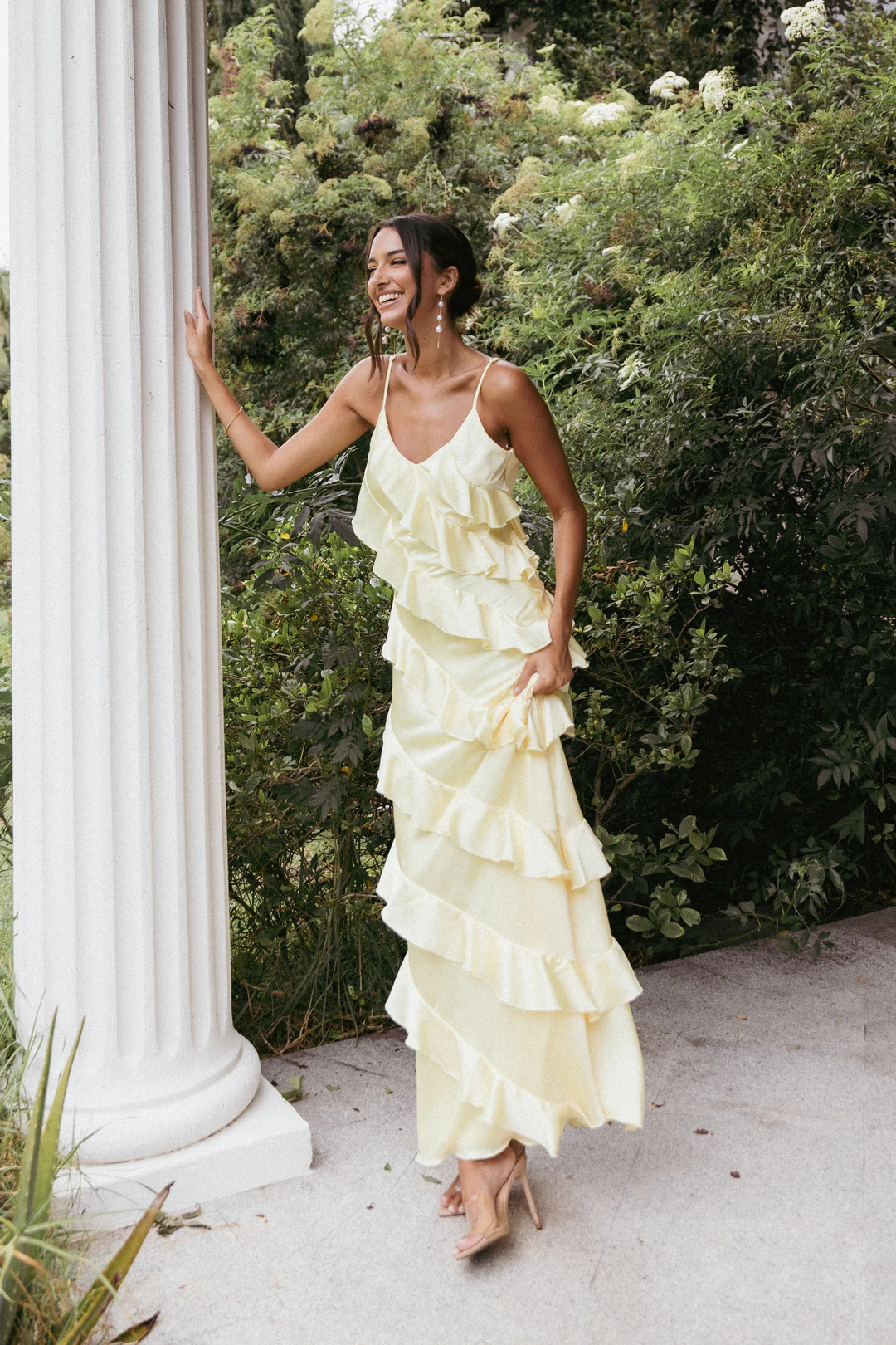 ruffled yellow satin maxi dress