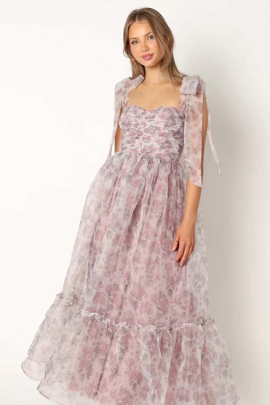 purple floral flowy dress with bows on the shoulder
