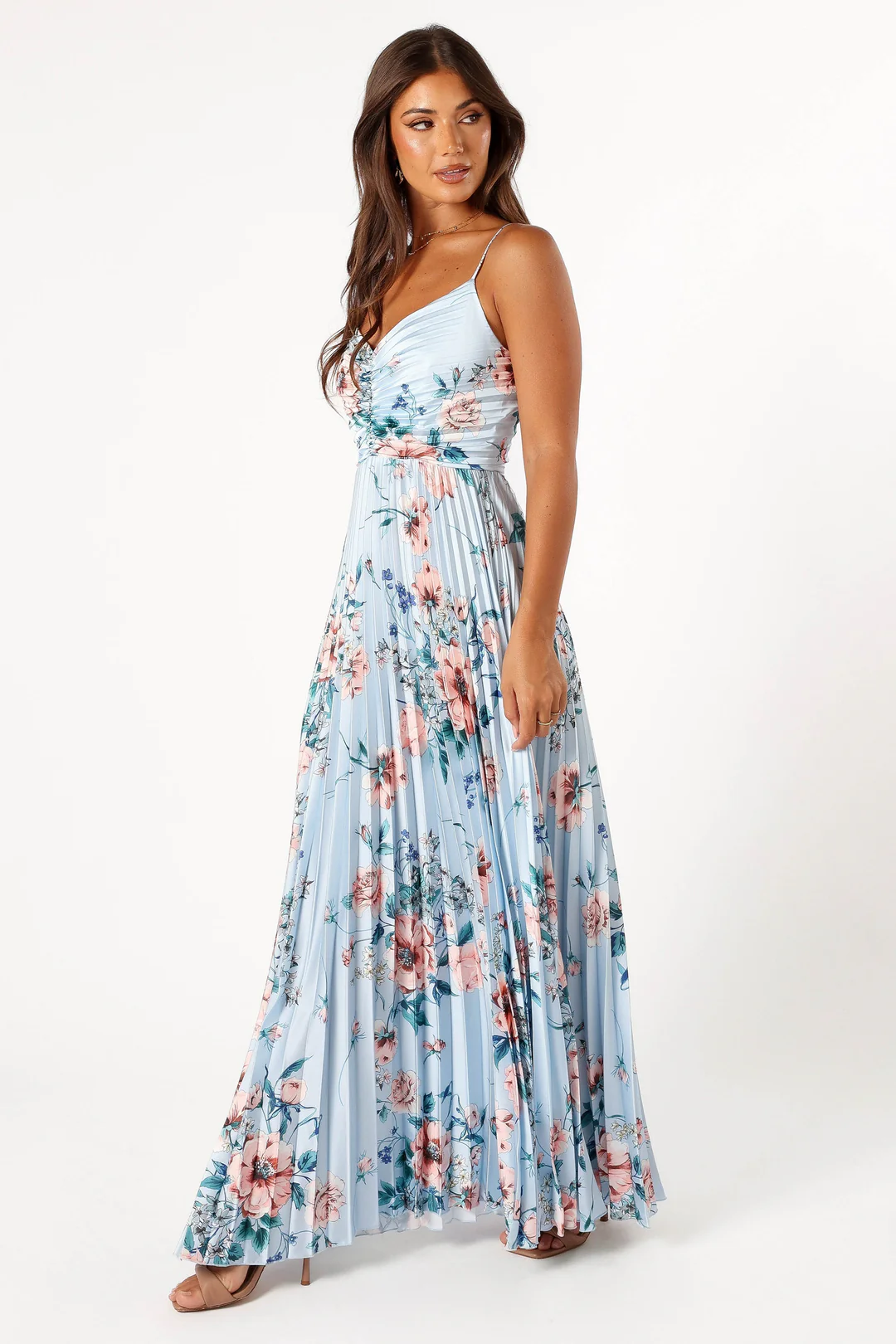 floral pattern light blue pleated maxi dress perfect for garden wedding