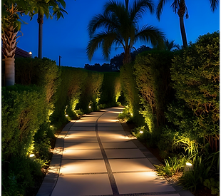Beautiful pathway lit at night surrounded by tropical landscaping.