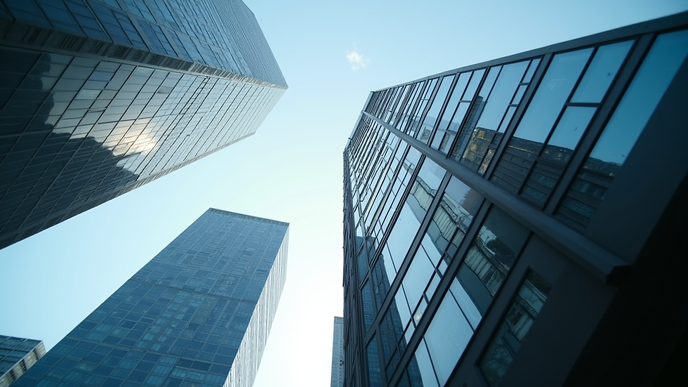 Close-up view of a high-rise commercial building in an international business district