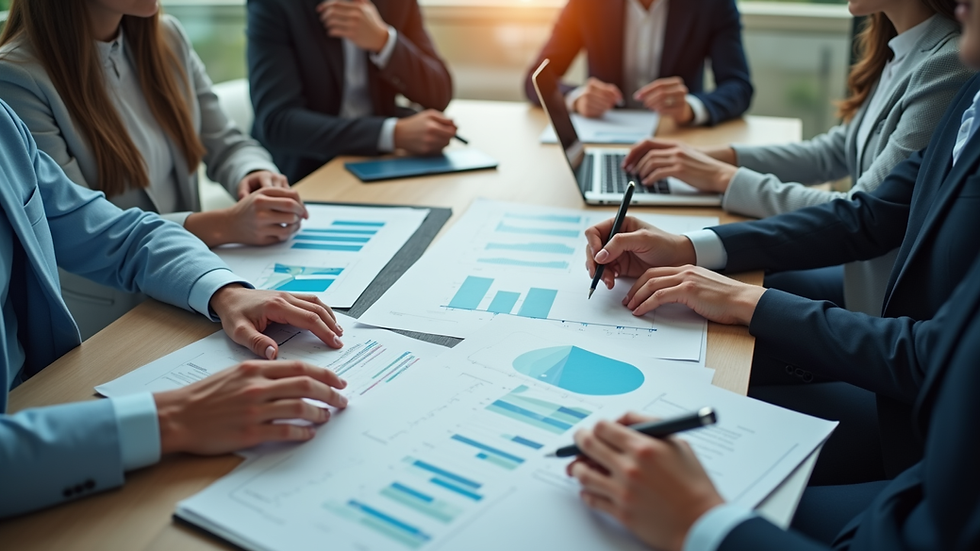High angle view of a business meeting with charts and laptops