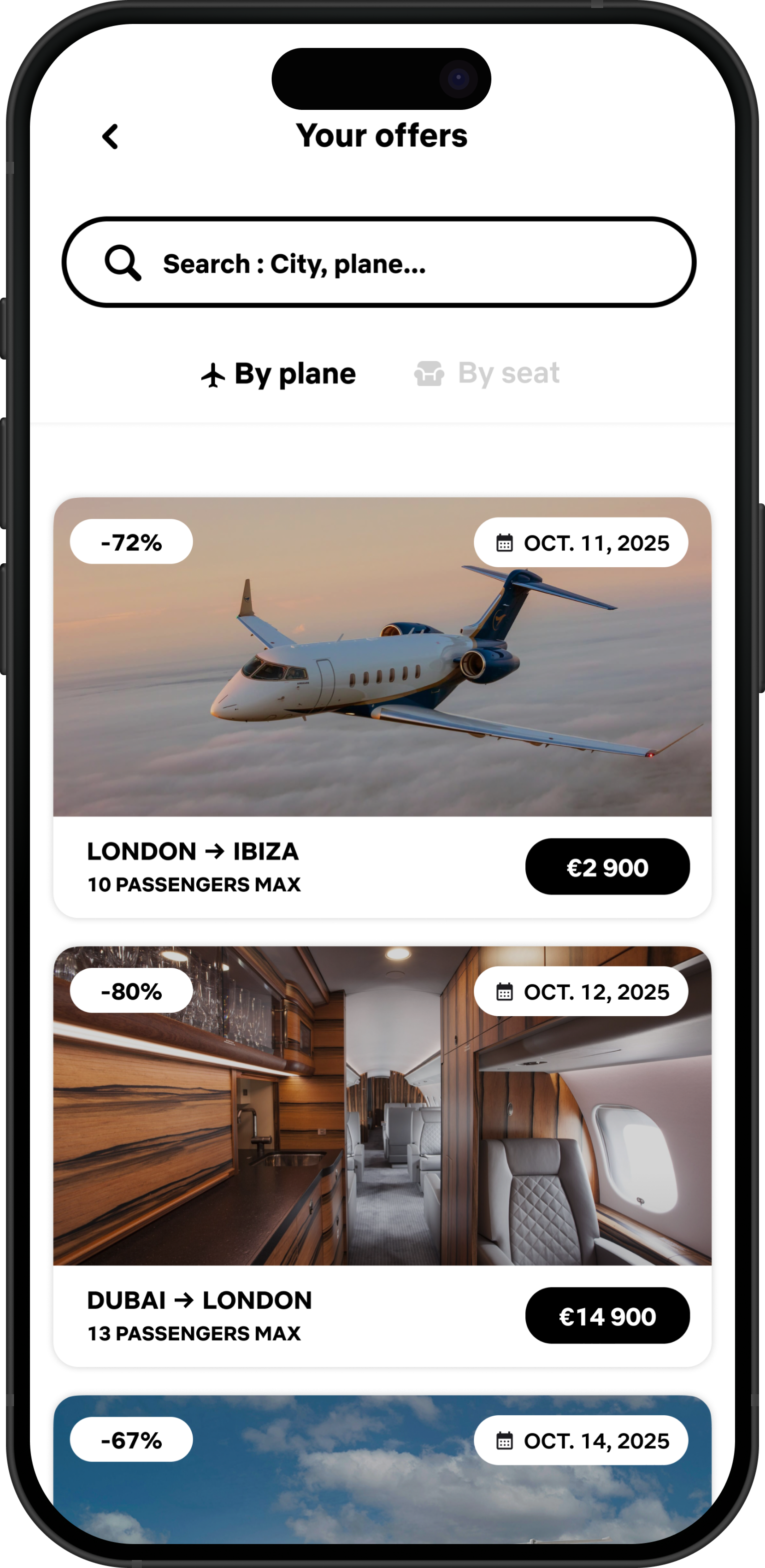 Phone screen showing 'Offer by Plane'