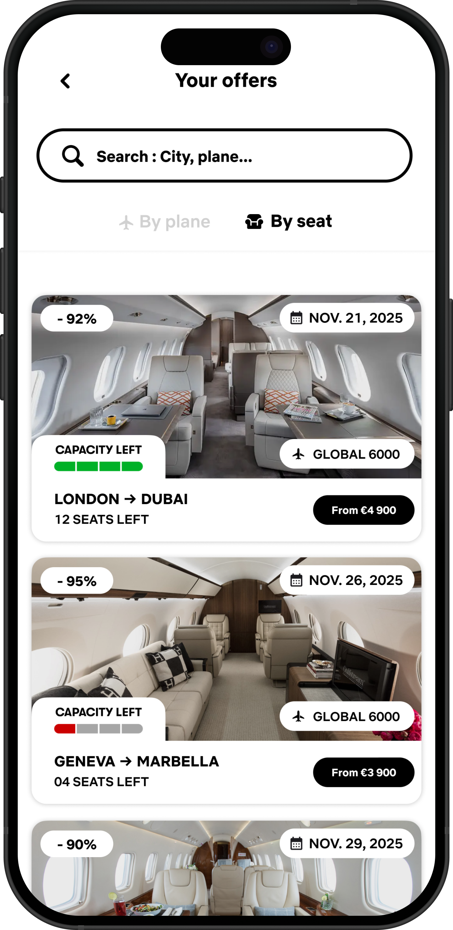 Phone screen showing 'Offer by Seat'