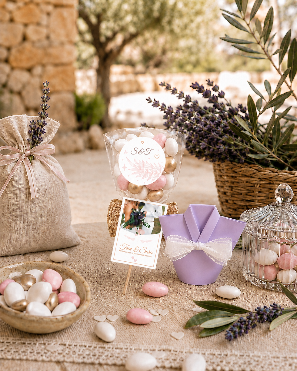Miniature : Cadeaux bouquet gourmand personnalisé à offrir aux invités pour mariage baptême naissance ou anniversaire