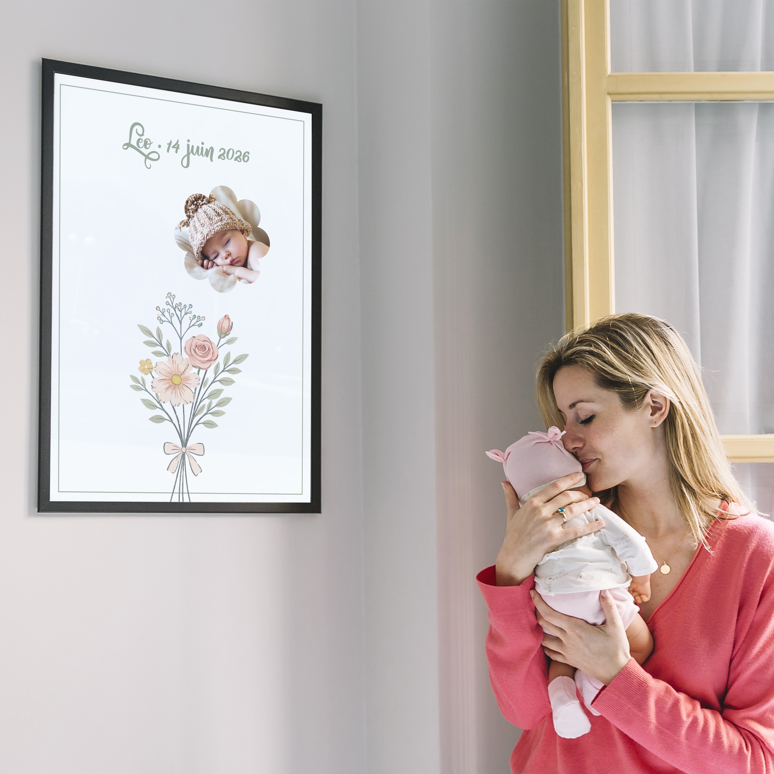 Affiches naissance florales personnalisées avec photo, prénom et informations du bébé à offrir ou à encadrer
