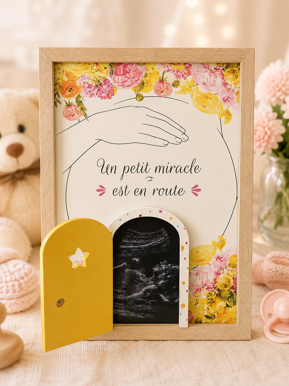 Miniature : Cadre artisanal personnalisé avec petite porte pour annonce naissance grossesse ou mariage à offrir