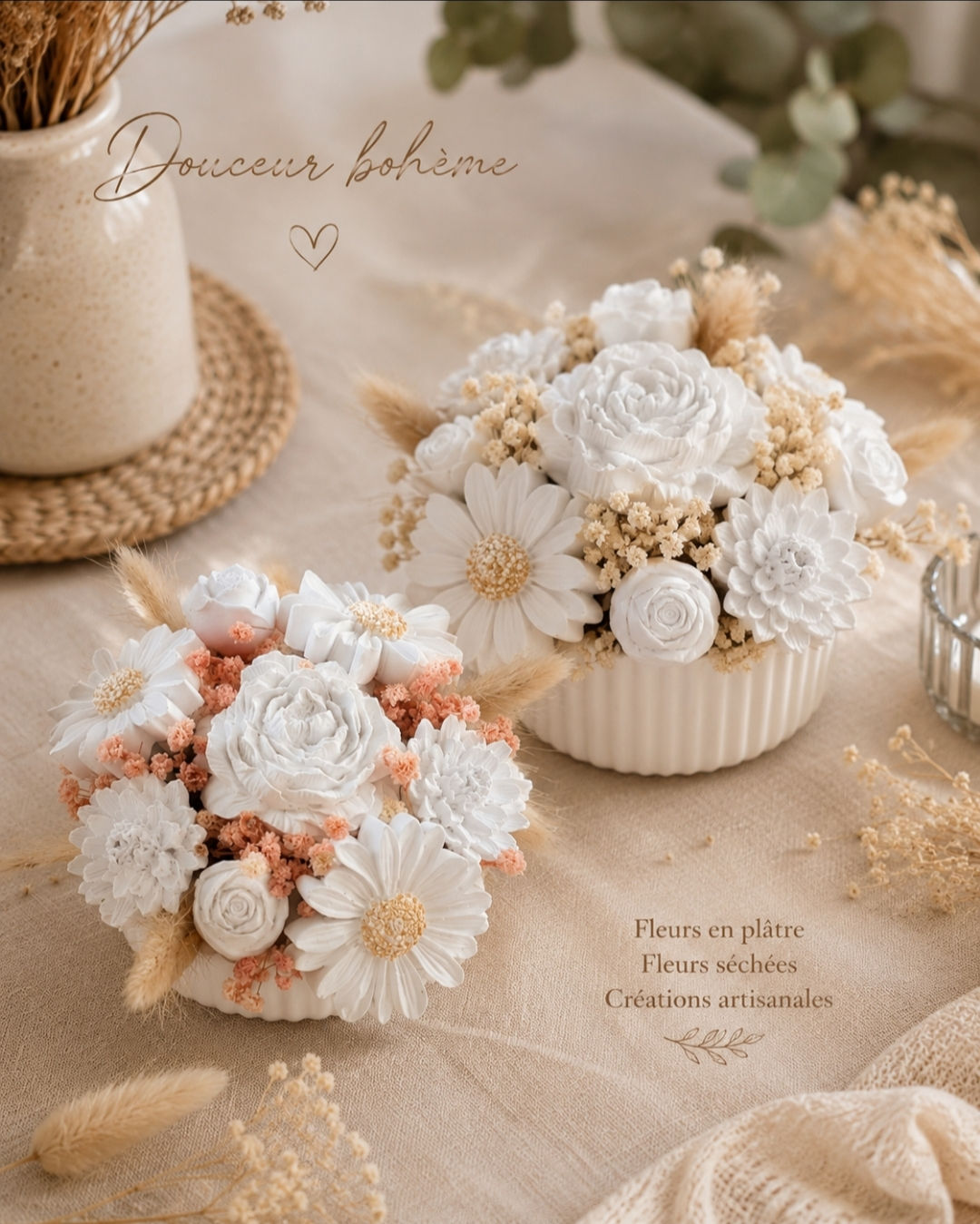 Bouquet bohème en pot de plâtre avec fleurs en plâtre et fleurs séchées