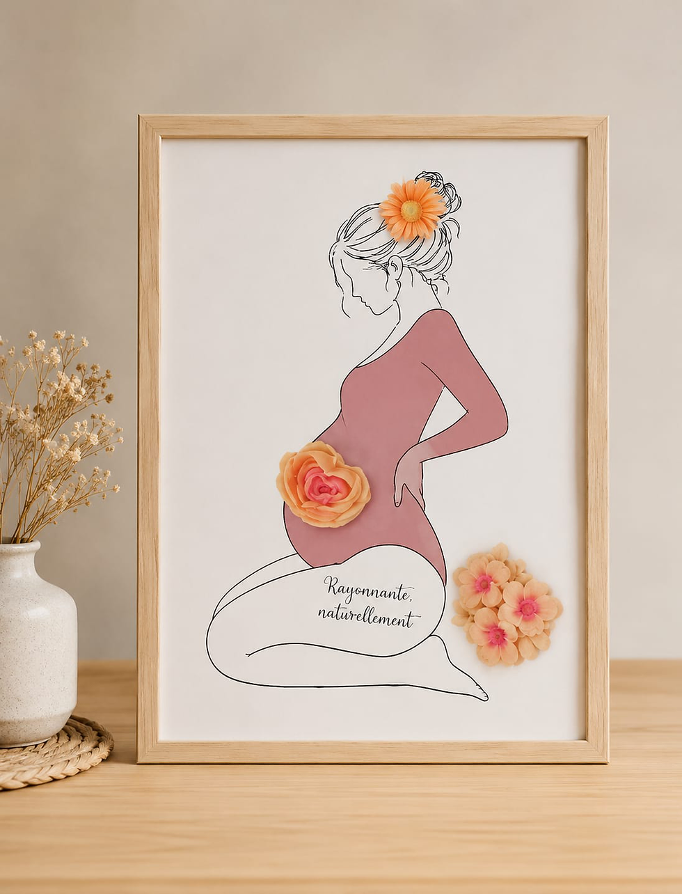 Miniature : Cadre artisanal future maman illustré à la main avec fondants parfumés à offrir