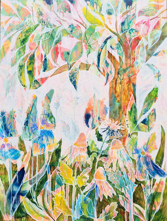 Malerei, lebendiges Bild in tropischen Farben gemalt von einem Baum in einem Garten mit Iris Schwertlilien und rotem Sonnenhut Ecchinacea, Es wirkt sommerlich, üppig und Energie geladen. 