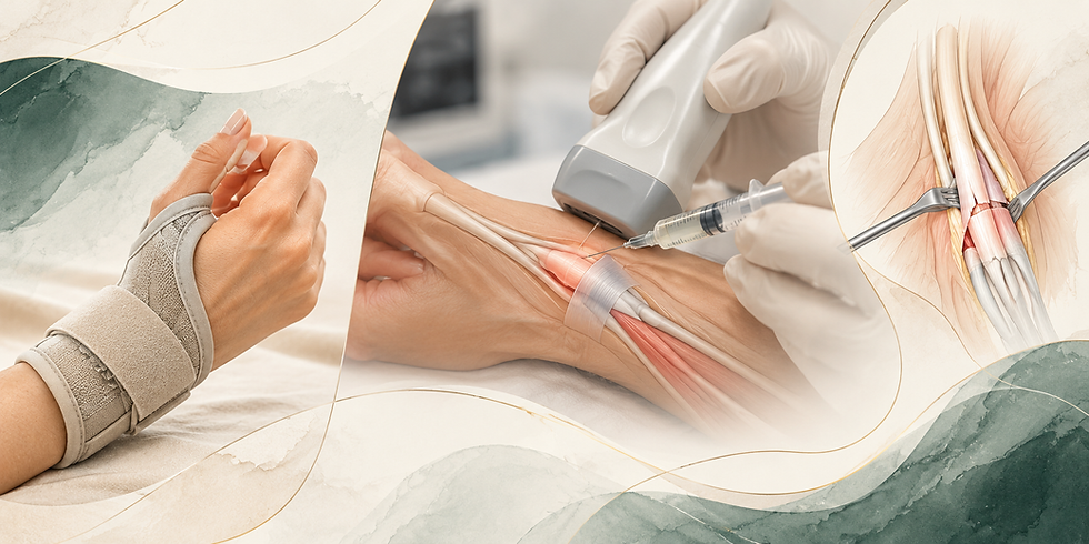 Ilustração de opções de tratamento para tenossinovite de De Quervain: órtese, infiltração guiada por ultrassom e cirurgia.