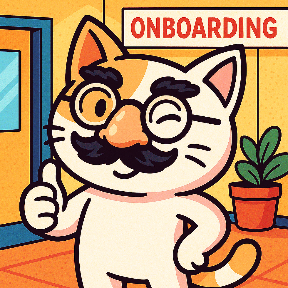 Cartoon cat with glasses and mustache winks, giving thumb up. Stands by door and plant. "ONBOARDING" sign above. Bright, cheerful setting.