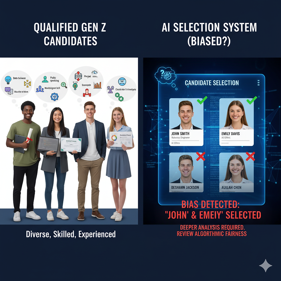 Gen Z candidates holding achievements; AI system selects John and Emily over Deshawn and Auliah, suggesting bias. Text: Diverse, Skilled.