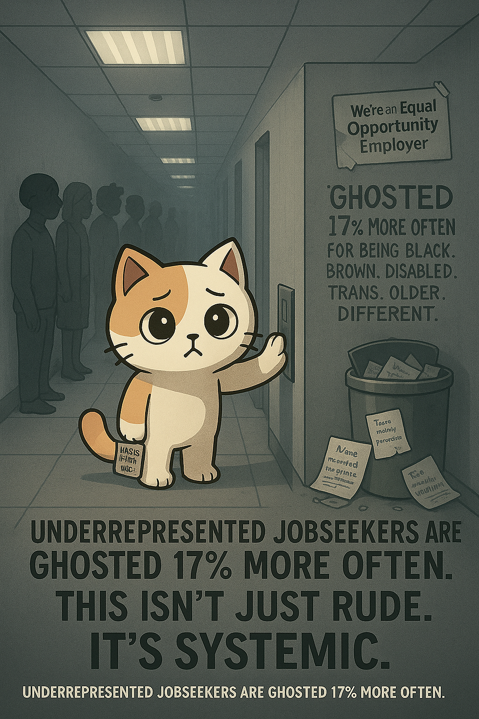 Sad cartoon cat holding a "Has Interview?" paper in a dim hallway, near a sign about job seeker discrimination and ghosting.