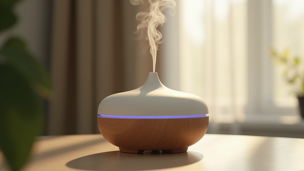 Close-up view of a modern essential oil diffuser with vapor rising