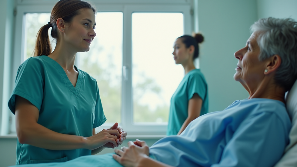 Eye-level view of a nurse providing care to a patient in a serene environment