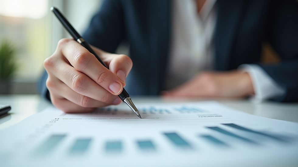 Close-up view of a hand holding a pen over a financial plan document