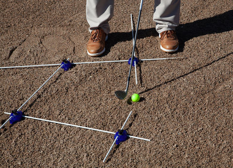 Open Stance with Open Clubface Angle, with the Foot Alignment Guid Rod Aimed Left of Targe