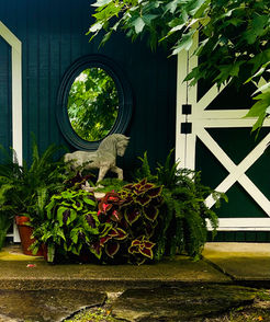 Stone horse and plants at entryway