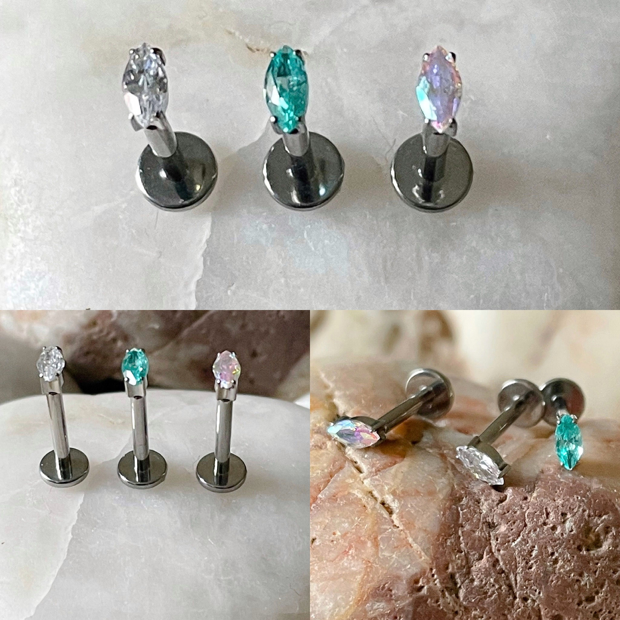ASTM F136 Titanium Tiny Marquise Gem Labret Tragus Monroe 1.2mm 6/8mm