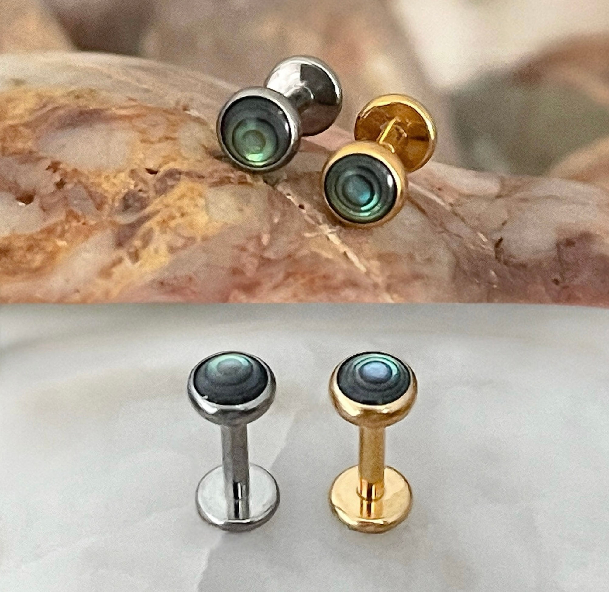 ASTM F136 Titanium 3/4mm Natural Stone Abalone Shell Bezel Set Labret 1.2mm 6/8m