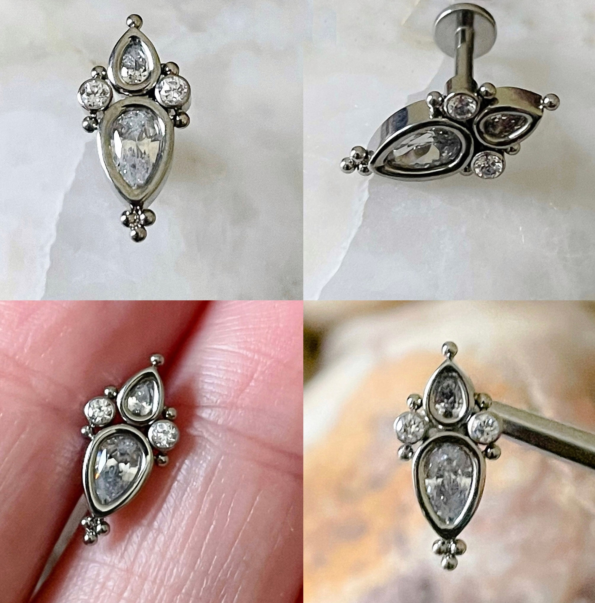 ASTM F136 Titanium Double Teardrop & Double Gem Beaded Labret Tragus Monroe