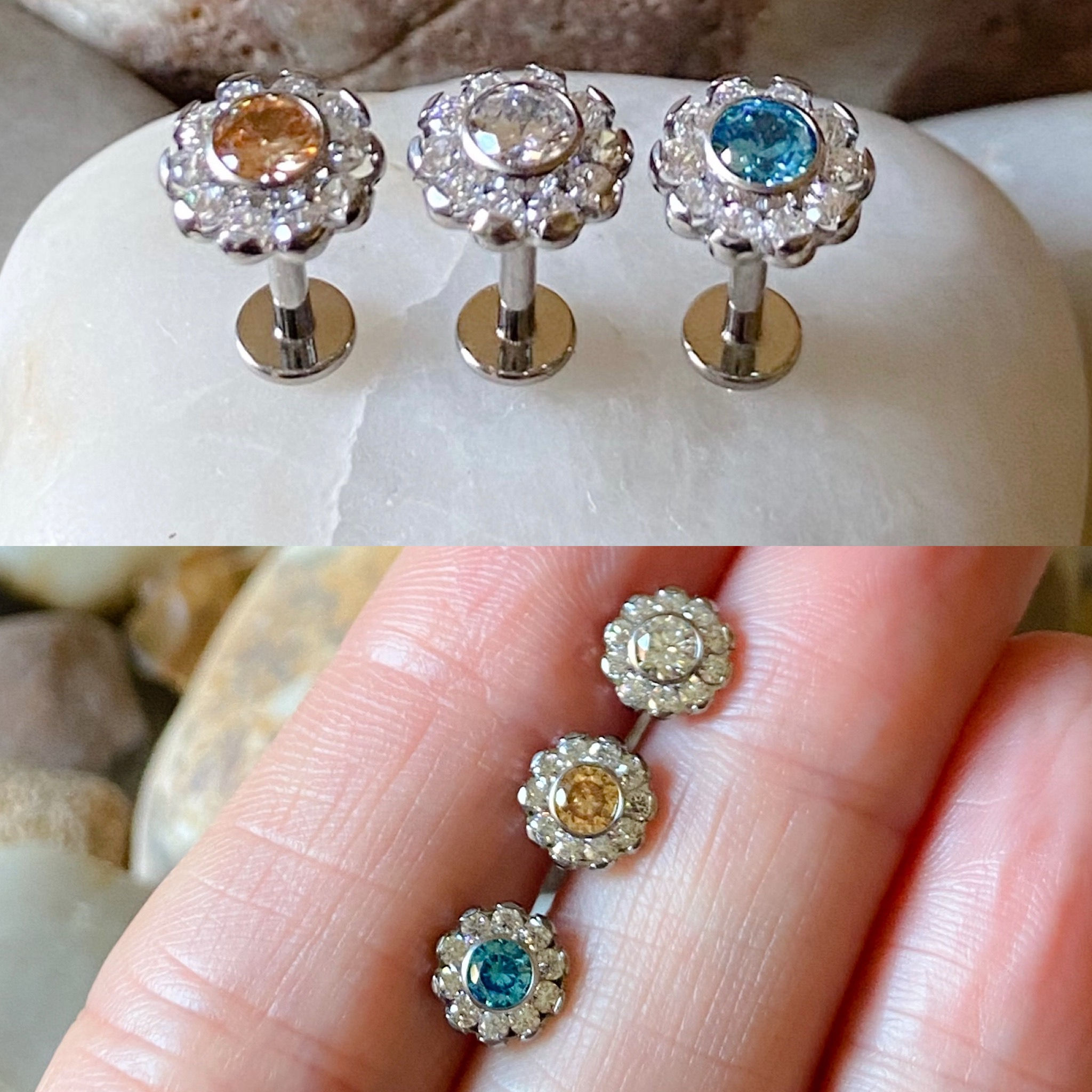 ASTM F136 Titanium Gem Flower Cluster Labret Helix Conch Monroe Tragus