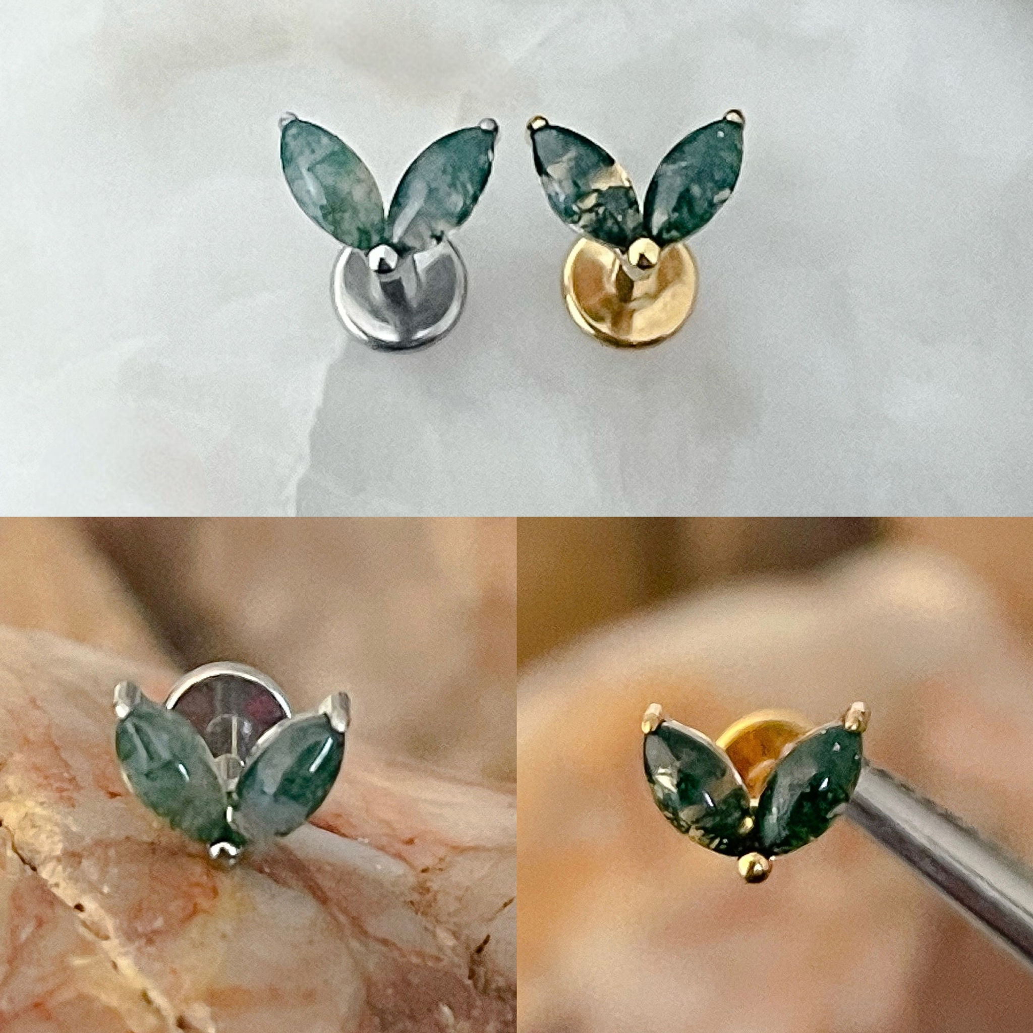 ASTM F136 Titanium Tiny Double Marquise Natural Stone Moss Agate Labret