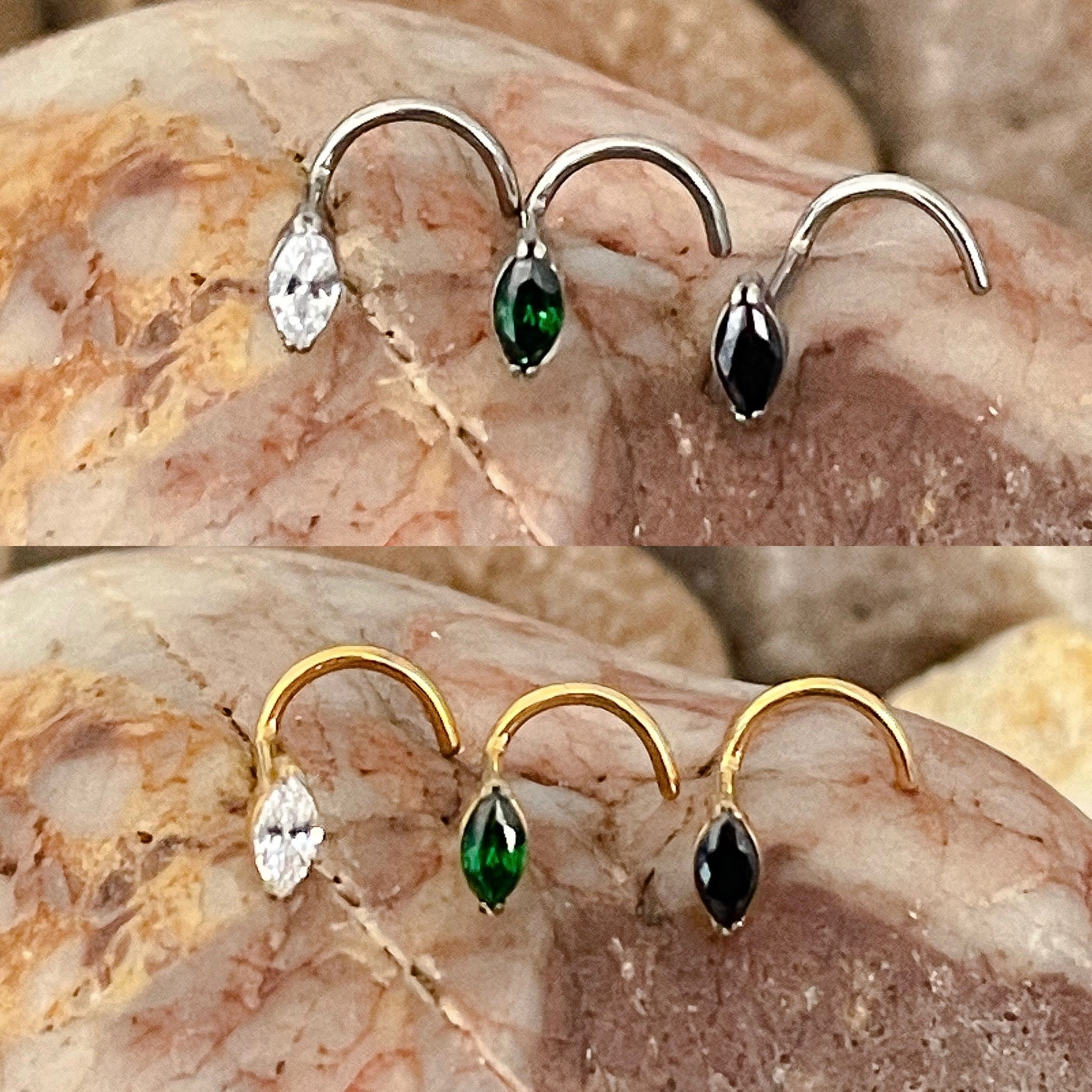 ASTM F136 Titanium Marquise Shaped Prong Set Gem Curved Screw Nose Stud