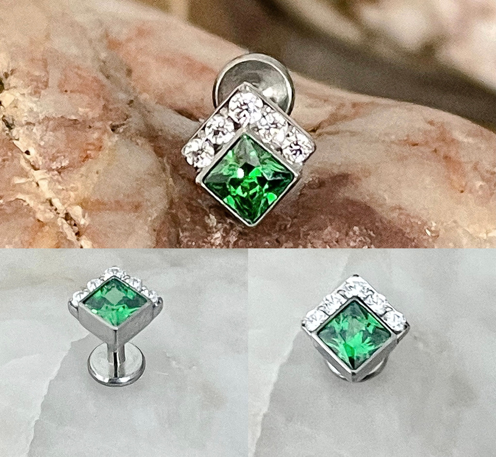 ASTM F136 Titanium Emerald Square with Paved Gem Top Set Labret 1.2mm 6/8mm