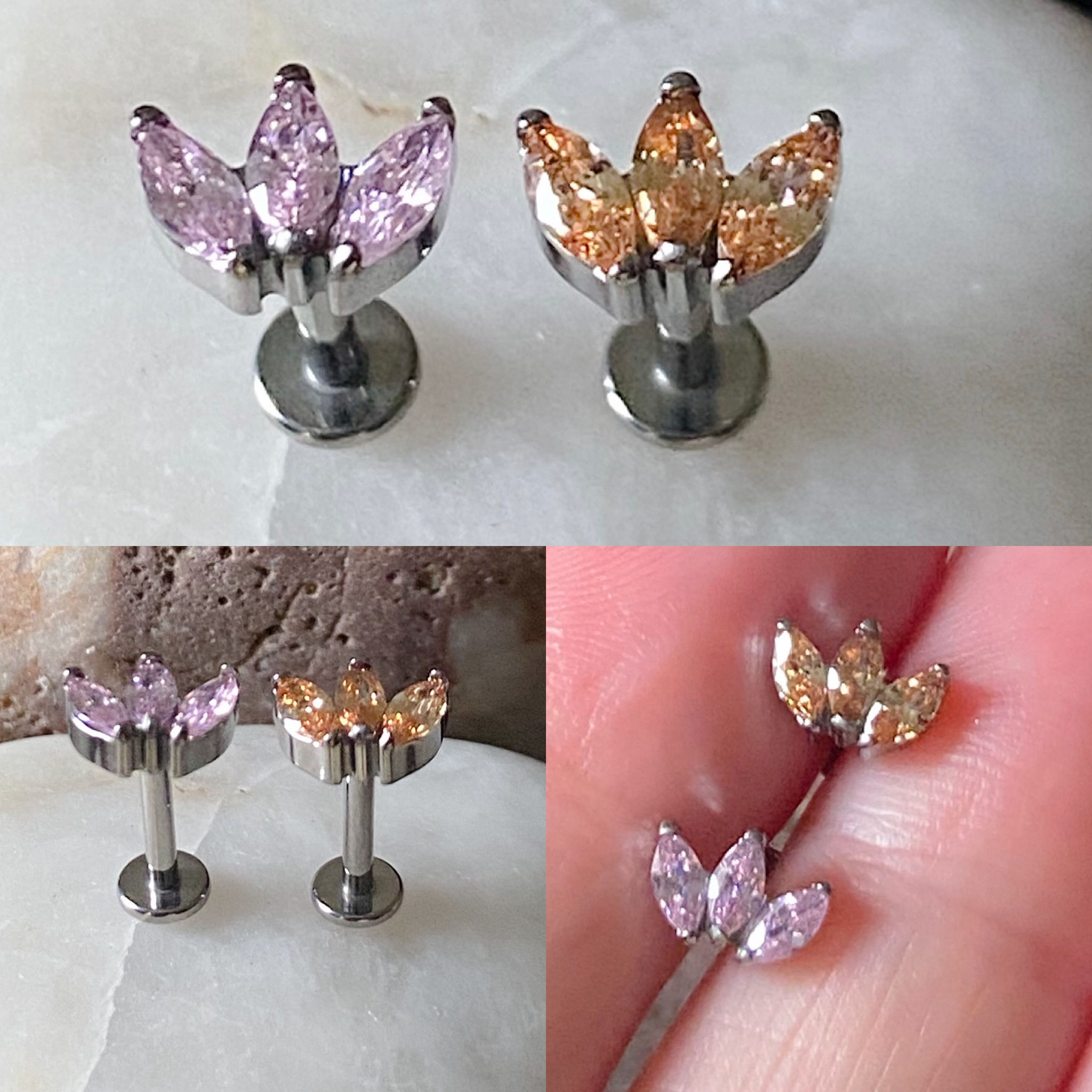 ASTM F136 Titanium Cubic Zirconia Gem Marquise Triple Labret 1.2mm 8mm