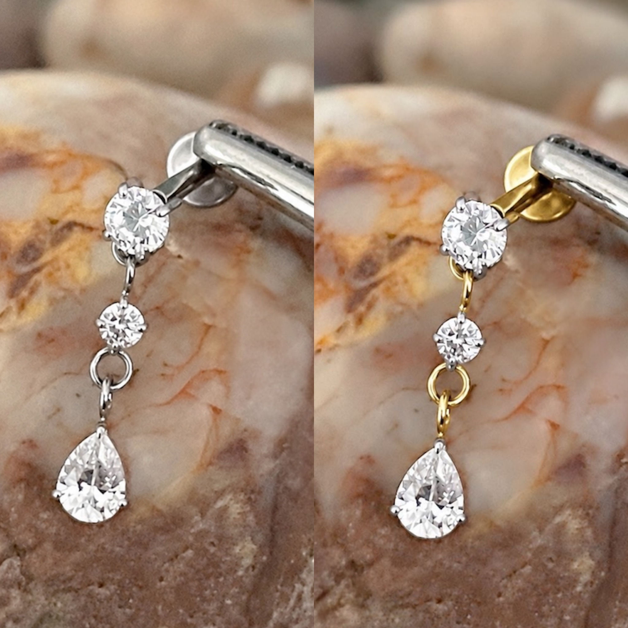 ASTM F136 Titanium Double Round & Teardrop/ Pear Gem Charm Dangle Labret