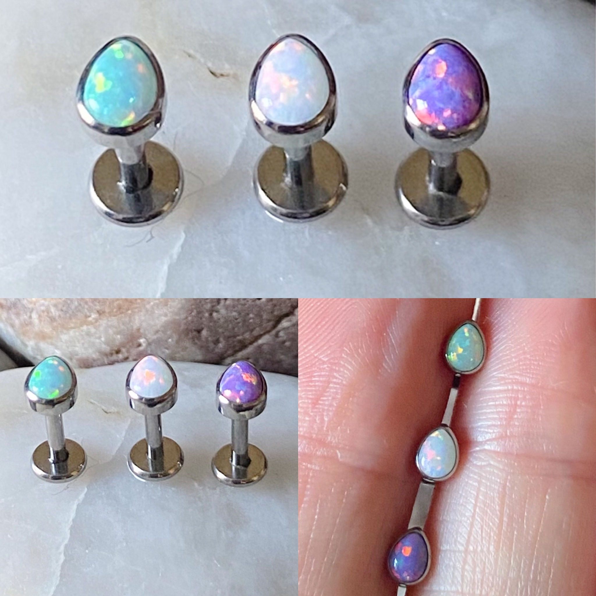 ASTM F136 Titanium Teardrop Opal Labret Helix Conch Lip Monroe Tragus